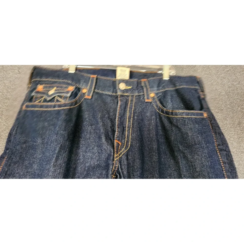 True Religion Joey Flare Jeans Mens 38x30 Raw Denim Made in USA Orange‎ Stitch